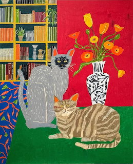 Painting of gray and striped cats with yellow tulips in white vase, bookshelf and red wall background