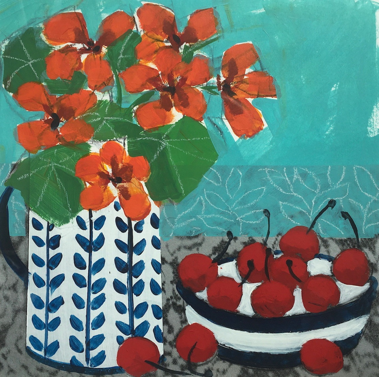 Still life painting of orange nasturtiums in decorative vase with bowl of red cherries against turquoise backdrop