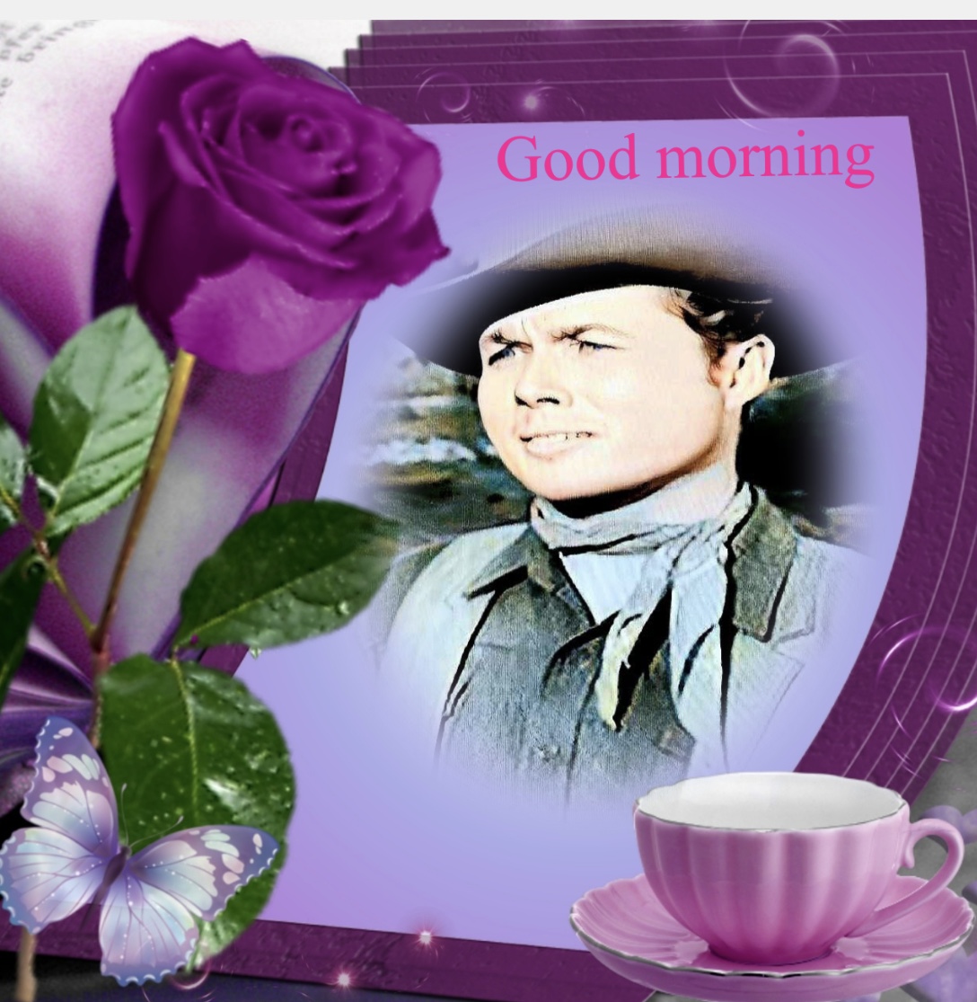 Purple greeting card with a rose, butterfly, teacup, and a vintage-style portrait saying Good morning.
