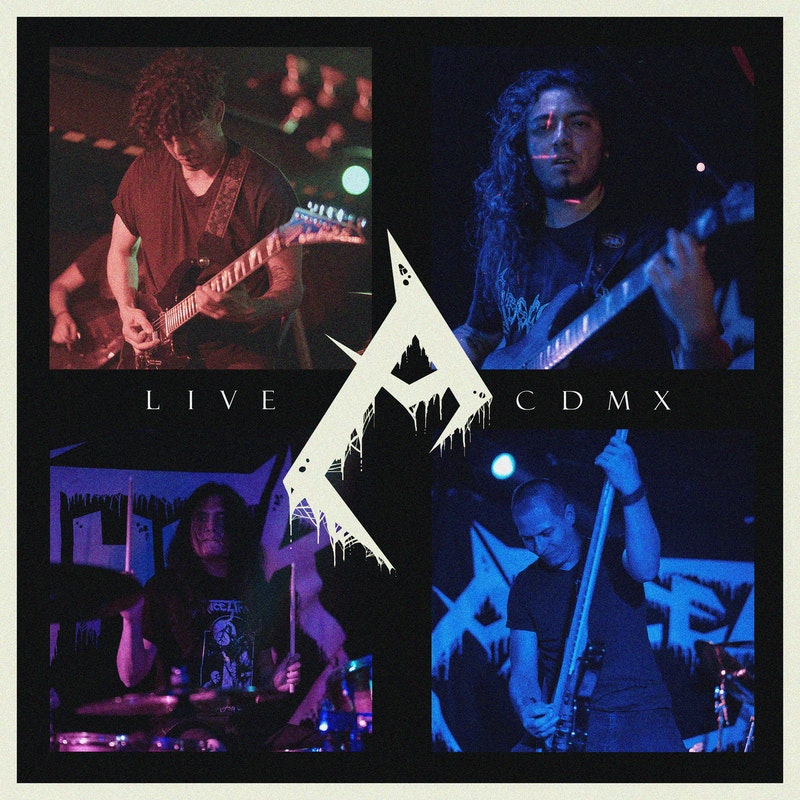 Four-panel collage of a live band performance with guitarists and drummer under blue and red stage lights
