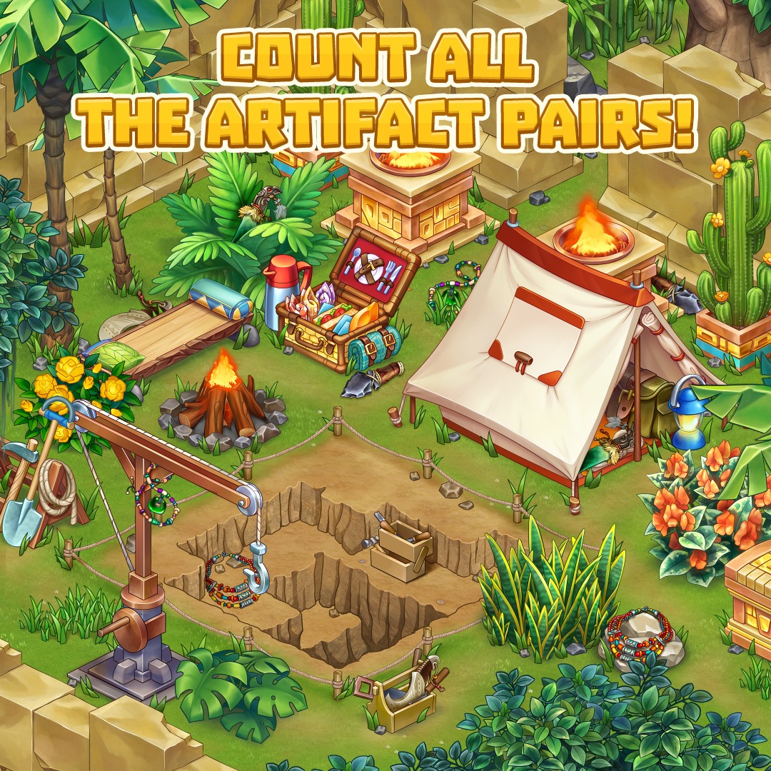 Colorful cartoon jungle camp scene with a tent, campfire, digging pit, artifacts, and bold text above