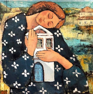 Woman in dark floral dress embracing miniature white house in folk art painting
