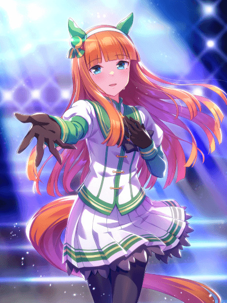 Anime horse girl Silence Suzuka with orange hair and green horse ears in a white racing uniform