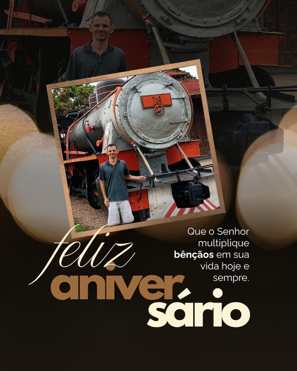 Birthday card with man standing before a steam train, text reads Feliz Aniversário