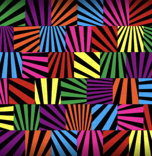 Colorful abstract pattern of neon striped rectangles on a black background