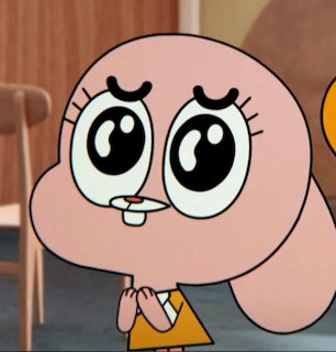 Close-up cartoon of Anais Watterson with big eyes and clasped hands indoors