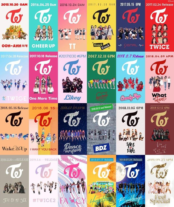 Nine members of K-pop group Twice posing together in stylish coordinated outfits.