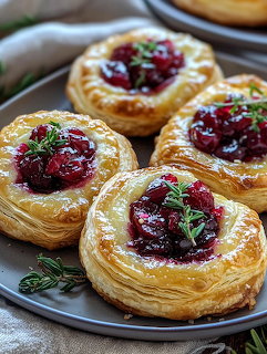 Golden puff pastry rounds topped with cranberry compote and fresh thyme sprigs on a grey plate