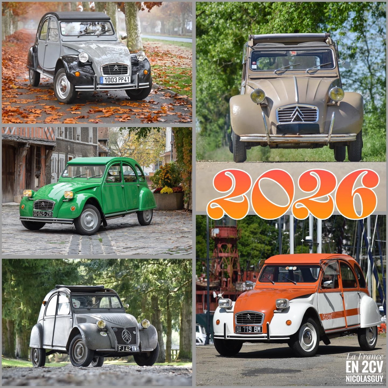 Collage of vintage Citroen 2CV cars in gray, beige, green, black, and orange with 2026 text