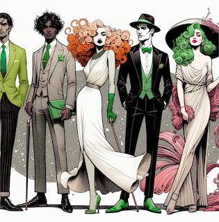 Line of six stylized fashion figures in formal vintage-style clothing with green and pink color accents