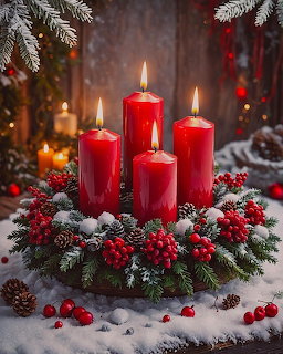 Four red lit candles in Christmas advent wreath with evergreen branches, frosted pine cones and red berries