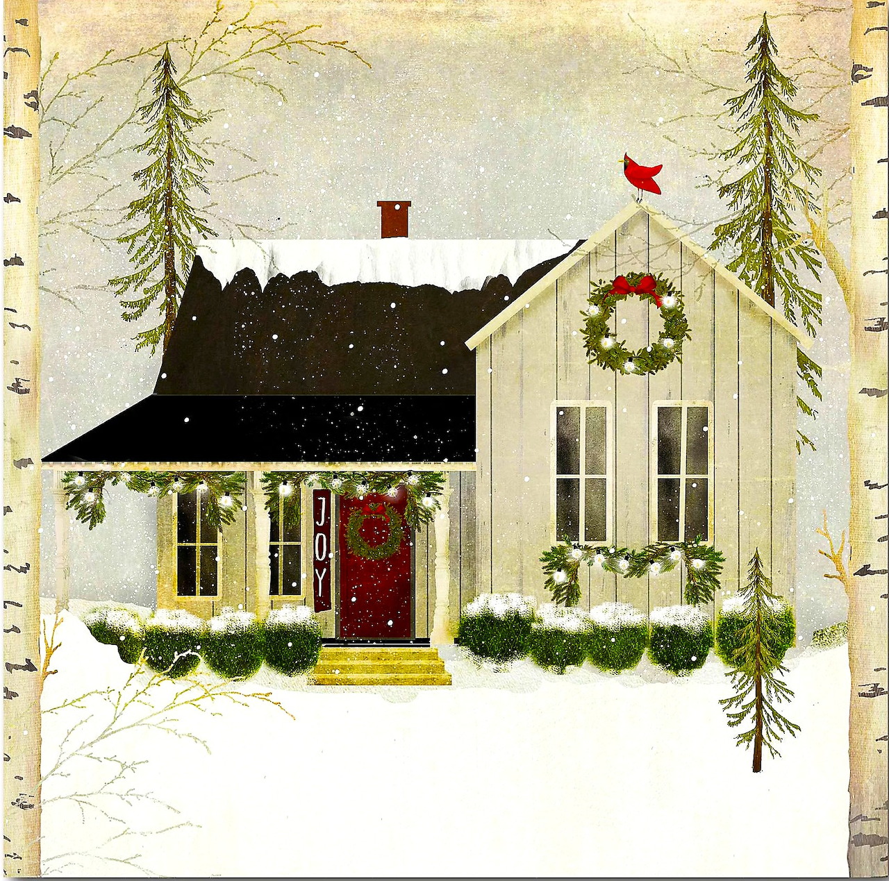 White cottage with Christmas decorations, wreath on door, snow-covered yard, cardinal bird and evergreen trees