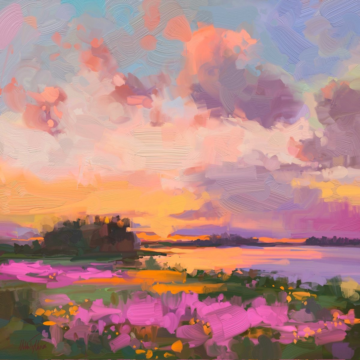 Impressionist sunset painting with pink flowers, calm water, and colorful clouds
