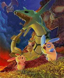 Green dragon Pokemon Rayquaza with smaller Pokemon in dramatic fantasy battle scene