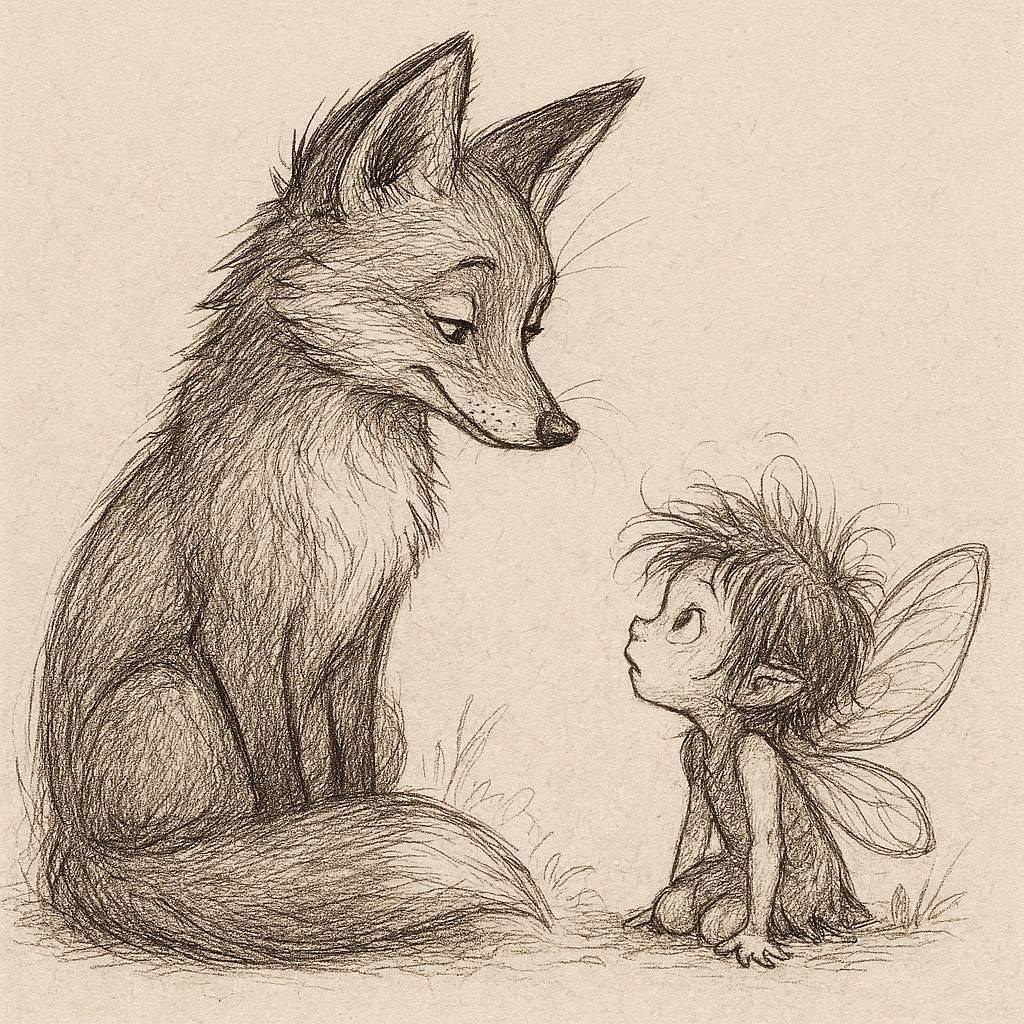 Pencil-style drawing of a fox sitting beside a tiny winged fairy looking up at it