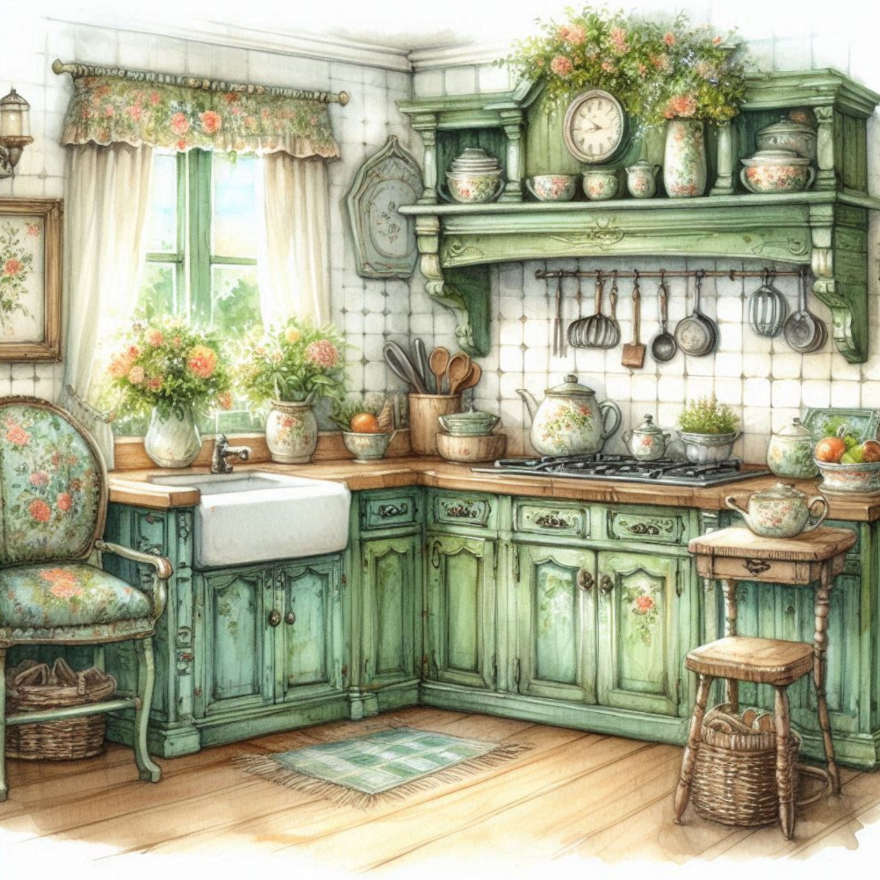 Cozy country kitchen with green cabinets, farmhouse sink, herbs, and rustic decor