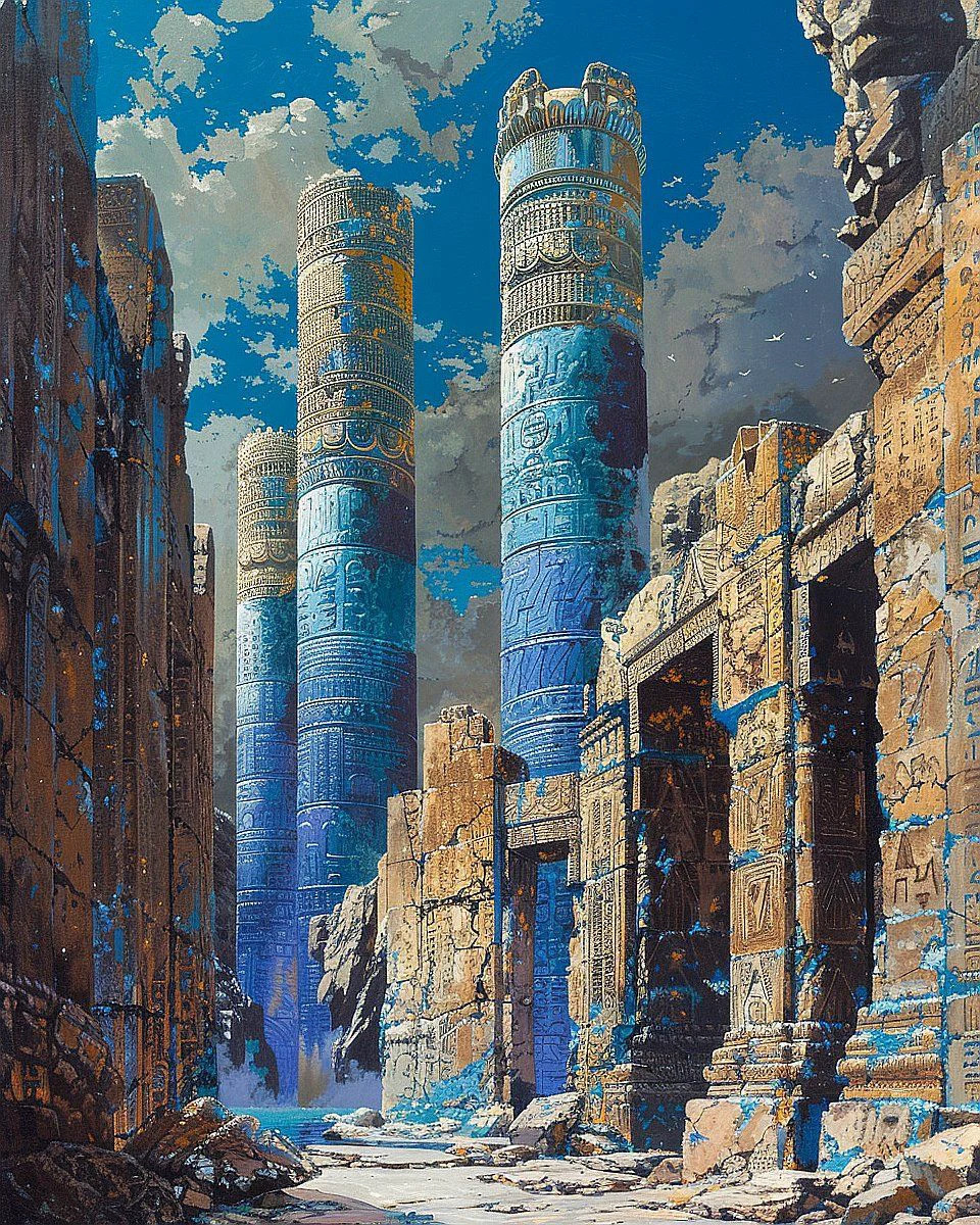Digital painting of ancient stone ruins with tall blue towers under a bright sky