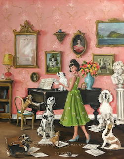 Woman in green dress at grand piano with several dogs in a pink vintage interior