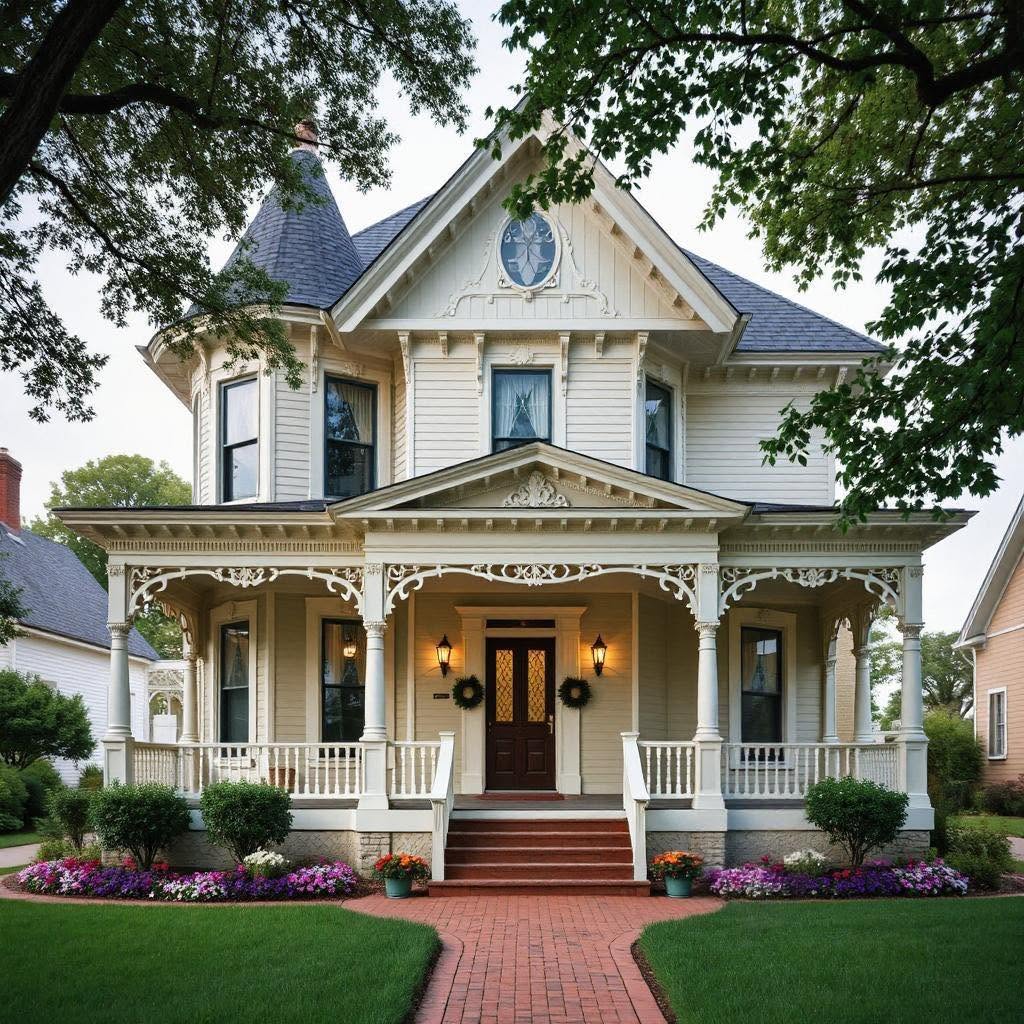 White Victorian house with wrap-around porch, turret, and brick walkway through green lawn