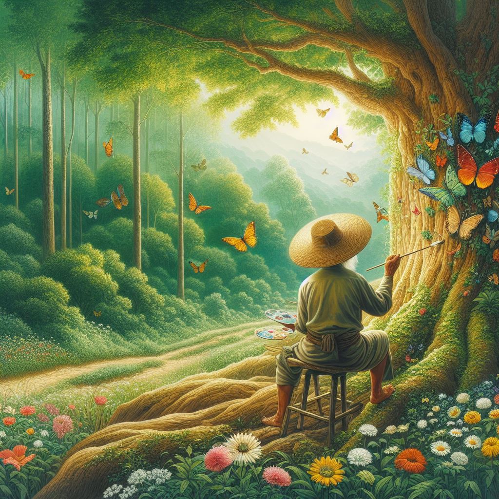 Painter sitting under a large tree in a green forest with colorful butterflies and flowers