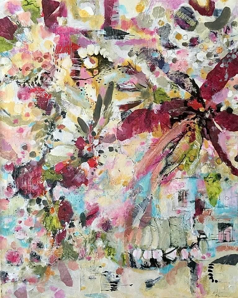 Colorful abstract mixed media painting with floral shapes in pink, yellow, green, and white with textured layers