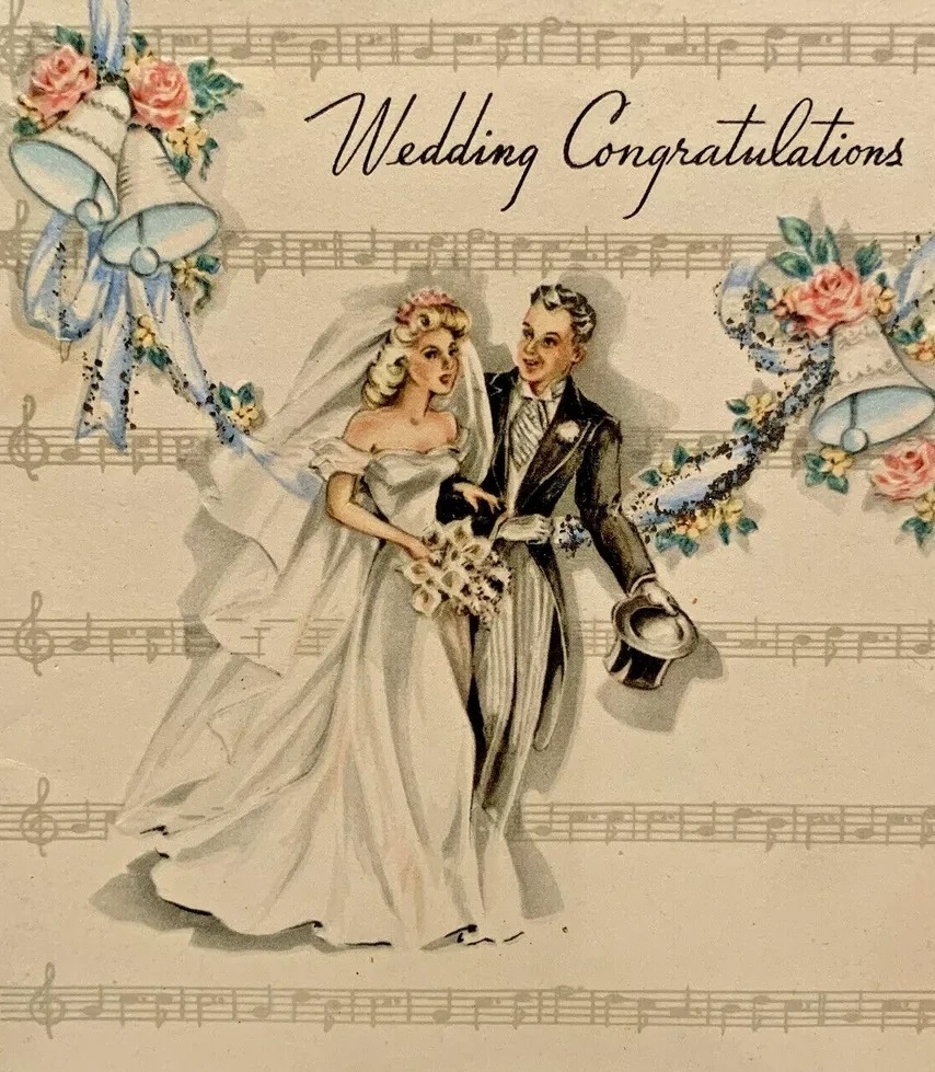 Vintage wedding card with floral decorations and elegant lettering