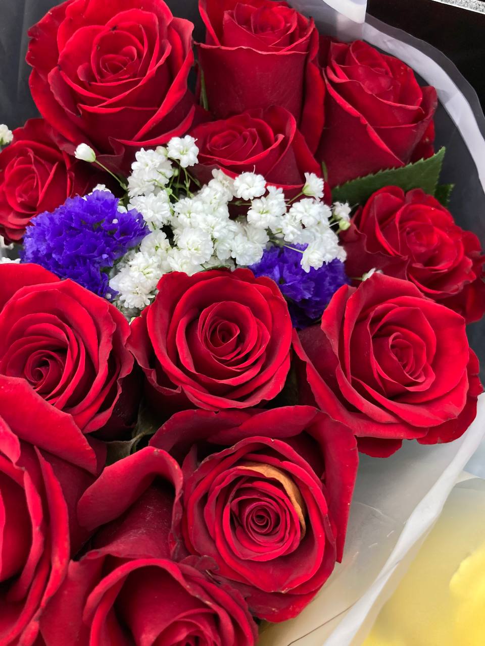 Close-up of a bouquet of red roses with white baby's breath and purple accent flowers