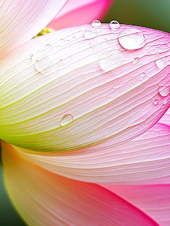 Close-up of pink lotus petals with water droplets and visible petal veins