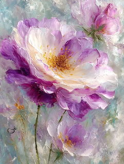 Watercolor painting of large purple and white flowers with yellow centers on soft background