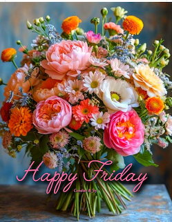 Colorful bouquet of pink peonies, orange roses, white daisies, and mixed flowers on blue background