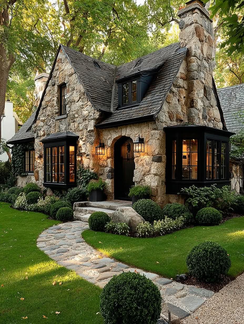 Picturesque stone cottage with garden path and green lawn