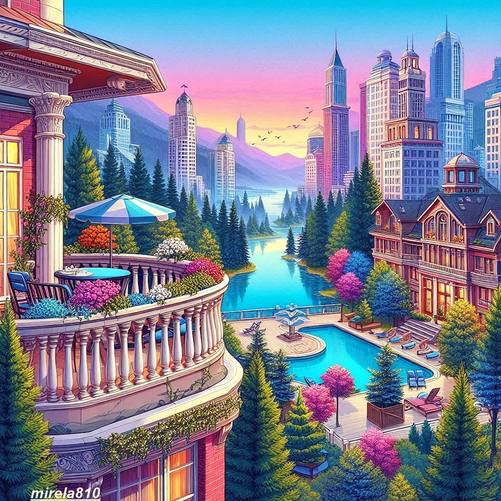 Colorful fantasy city with skyscrapers, lake, mountains, gardens, and ornate balcony terrace