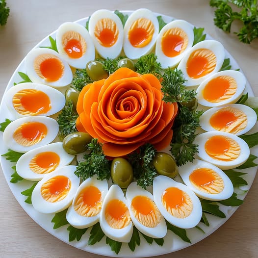 Hard-boiled egg halves arranged in flower pattern with carved orange carrot rose center and green herbs