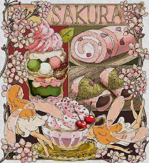 Colorful illustration of various sakura-themed Japanese sweets and desserts surrounded by cherry blossoms
