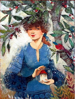 Painting of a woman in a blue dress under leafy branches with red berries, holding a mushroom.