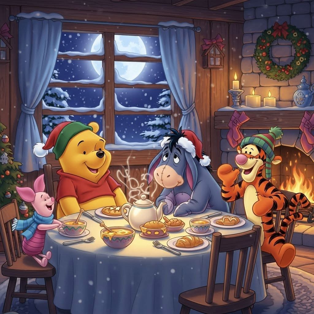 Winnie the Pooh and friends enjoying tea together in a warm, decorated cabin during winter