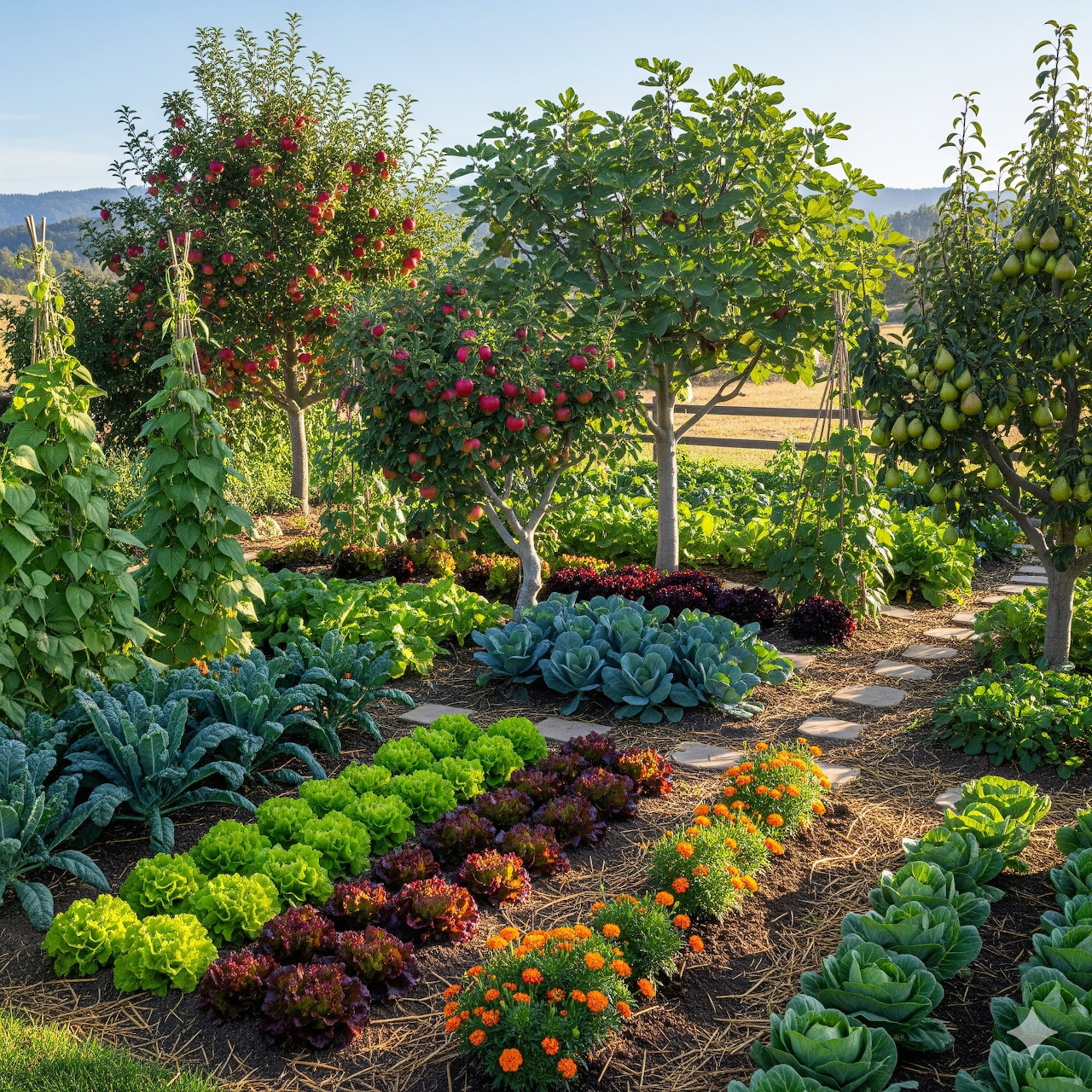 Vegetable garden with leafy greens, flowers, and a winding path