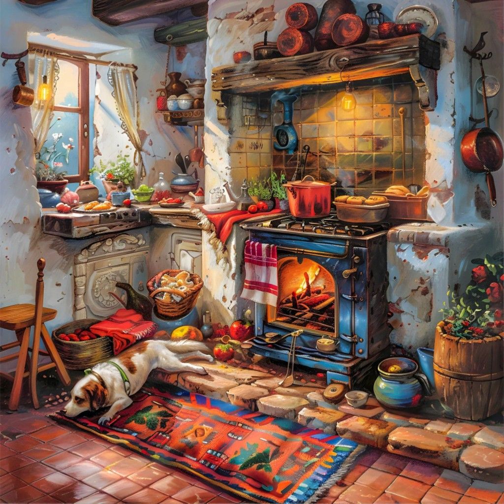 Rustic kitchen with dog resting on colorful rug by vintage stove, sunlit windows, terracotta floor