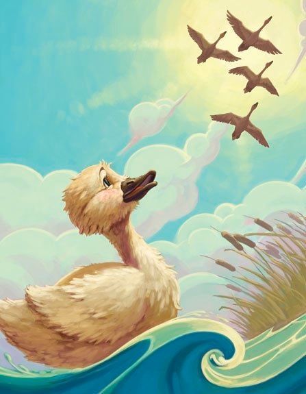 Illustrated duck on waves looking up at flying birds in cloudy sky