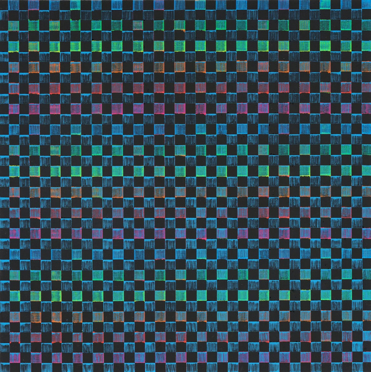 Abstract checkerboard pattern of small blue, green, purple, and black squares