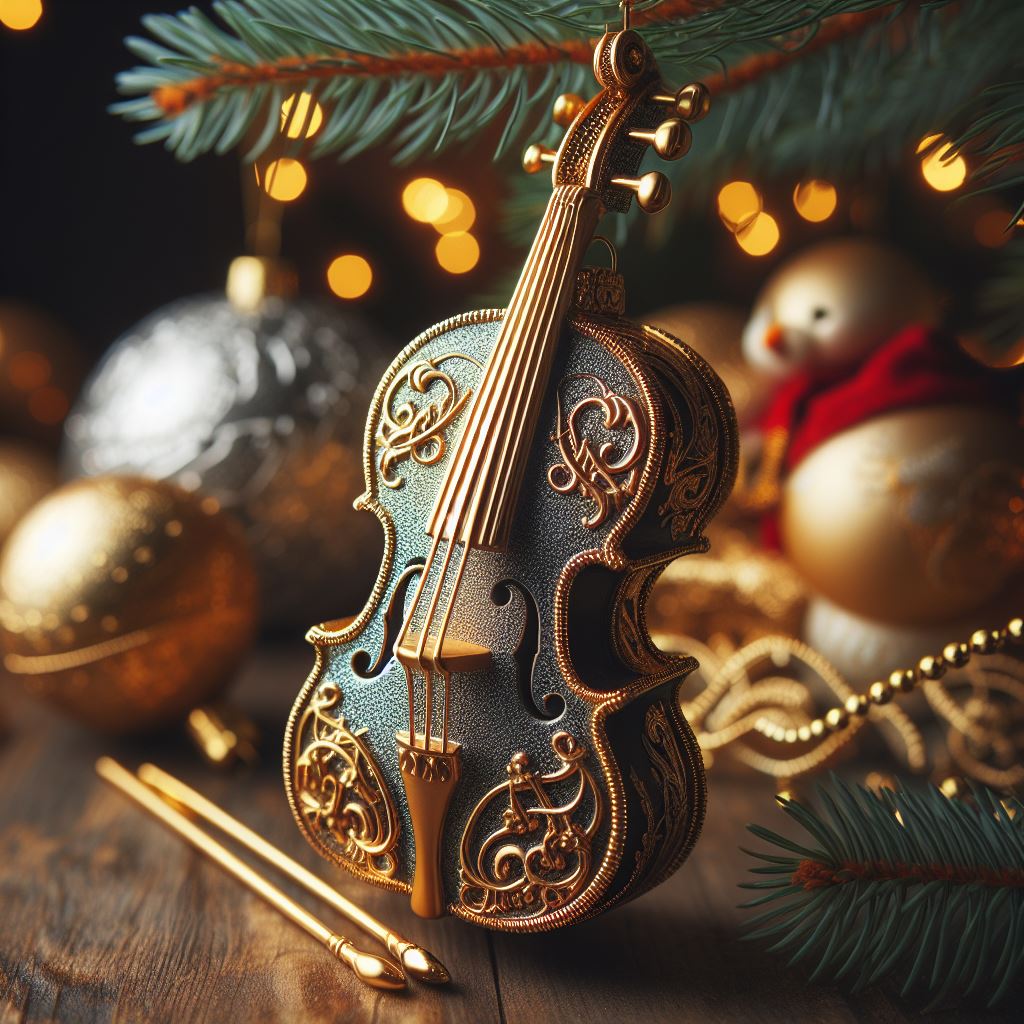Decorative golden violin with Christmas ornaments and pine branches against festive bokeh background