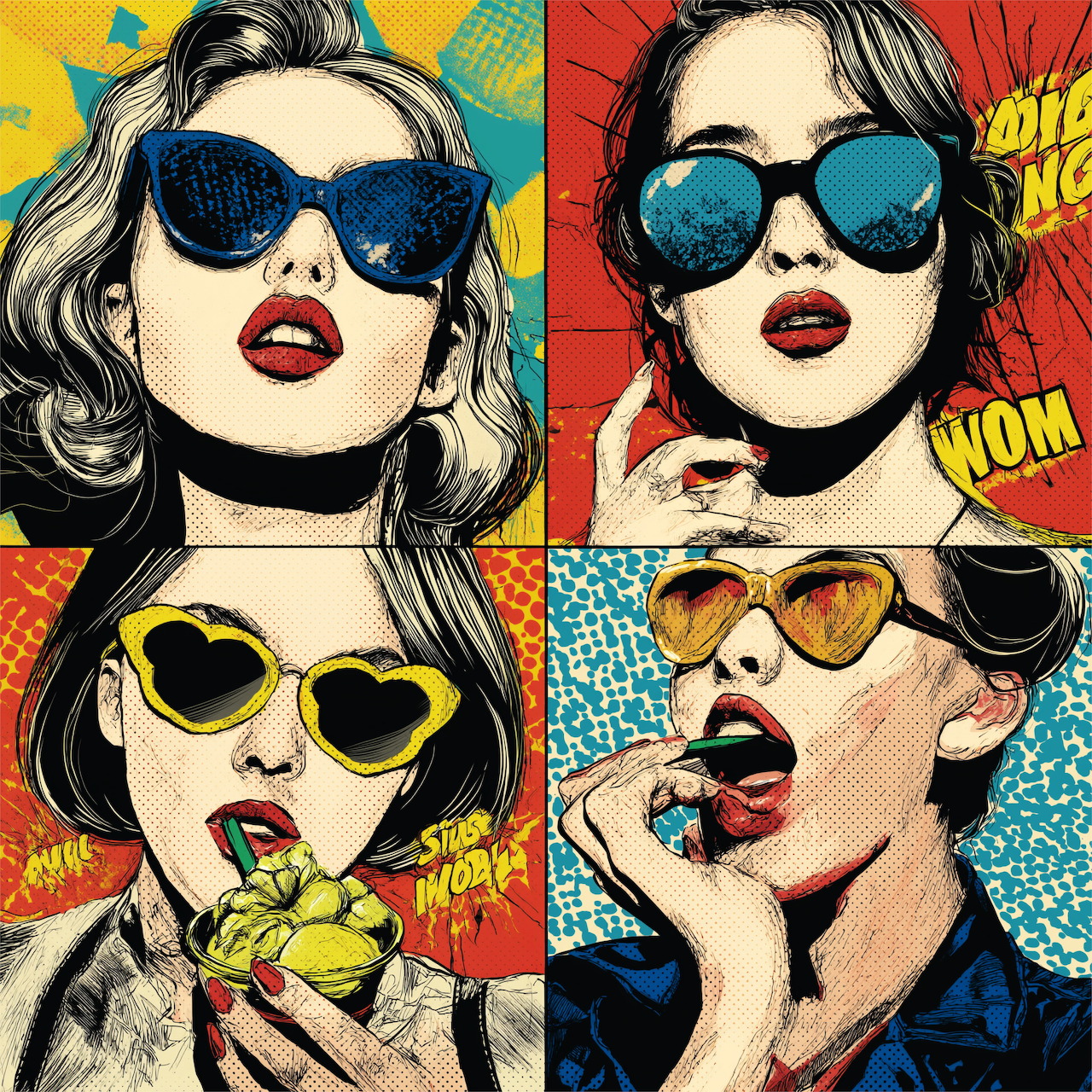 Four pop art portraits of woman in sunglasses with colorful comic backgrounds