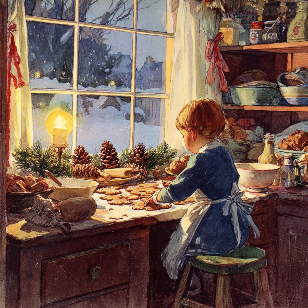 Child in apron baking cookies by window with winter scene and Christmas decorations