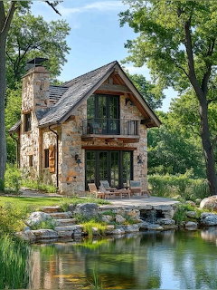 Rustic stone cottage with chimney next to a pond surrounded by greenery