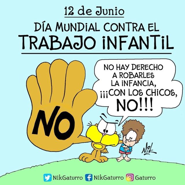 Cartoon poster with a yellow hand saying NO and two characters protesting child labor