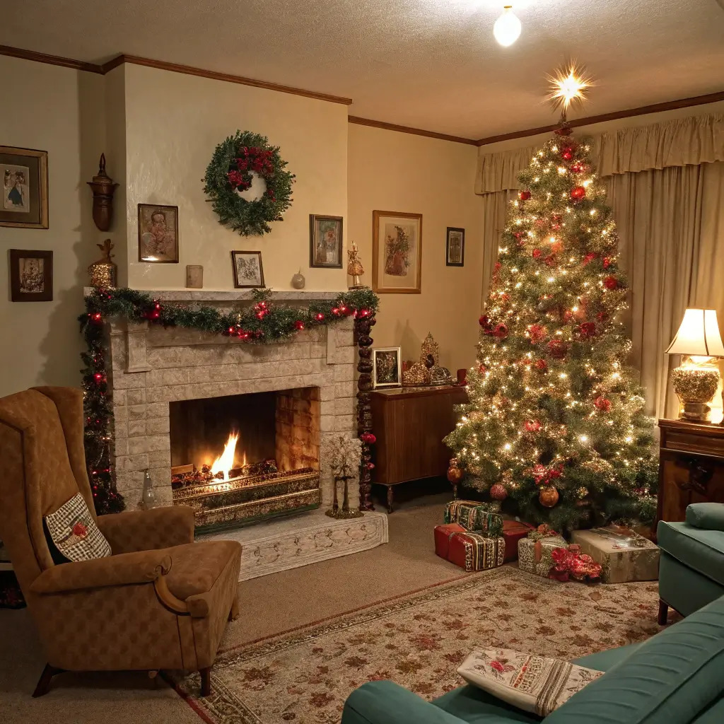 Cozy living room with lit Christmas tree, fireplace with garland, armchairs, and wrapped presents