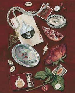 Surreal still life illustration with shells, pearls, flowers, cards, and small objects on a red background