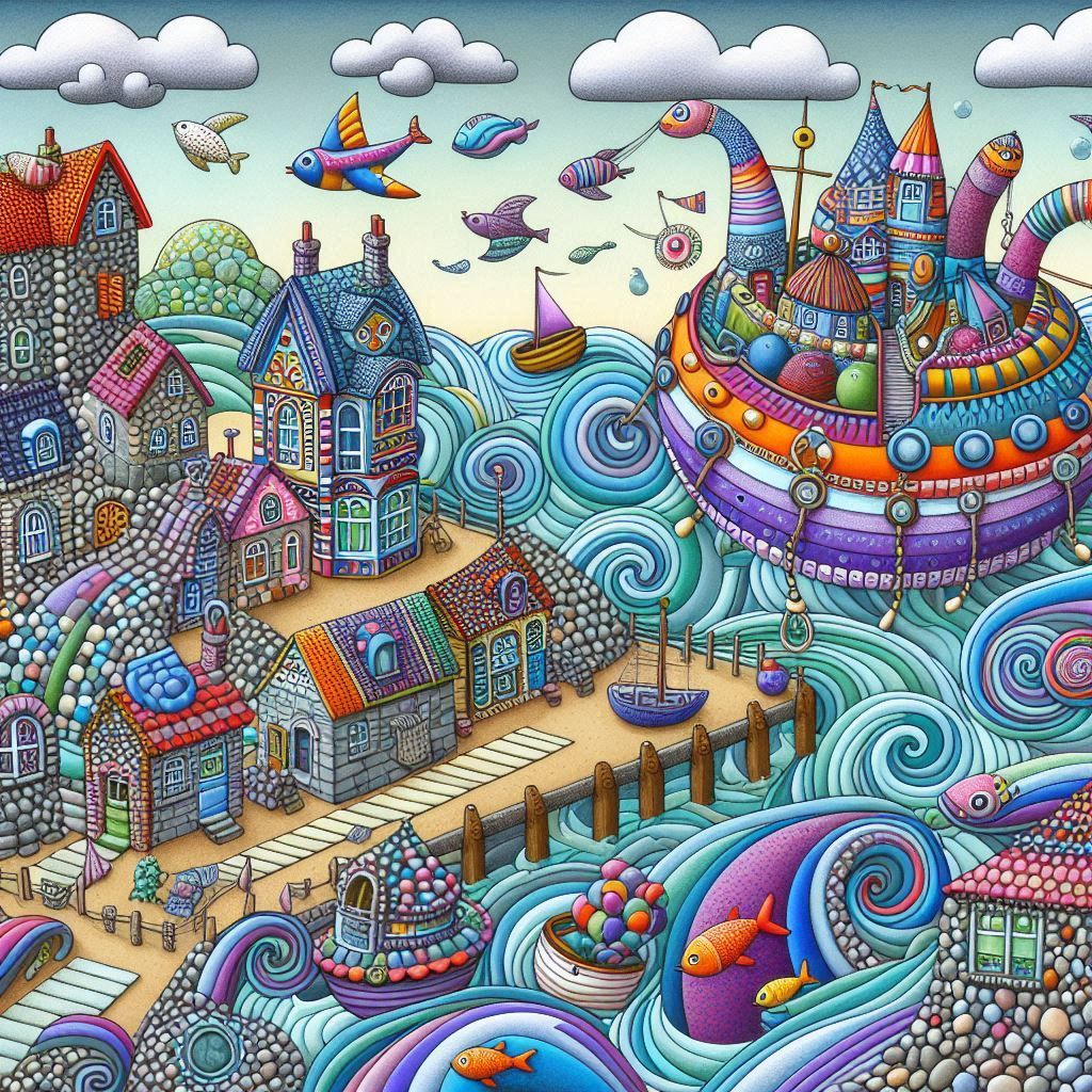 Colorful fantasy seaside village with patterned houses, swirling waves, and a whimsical ship