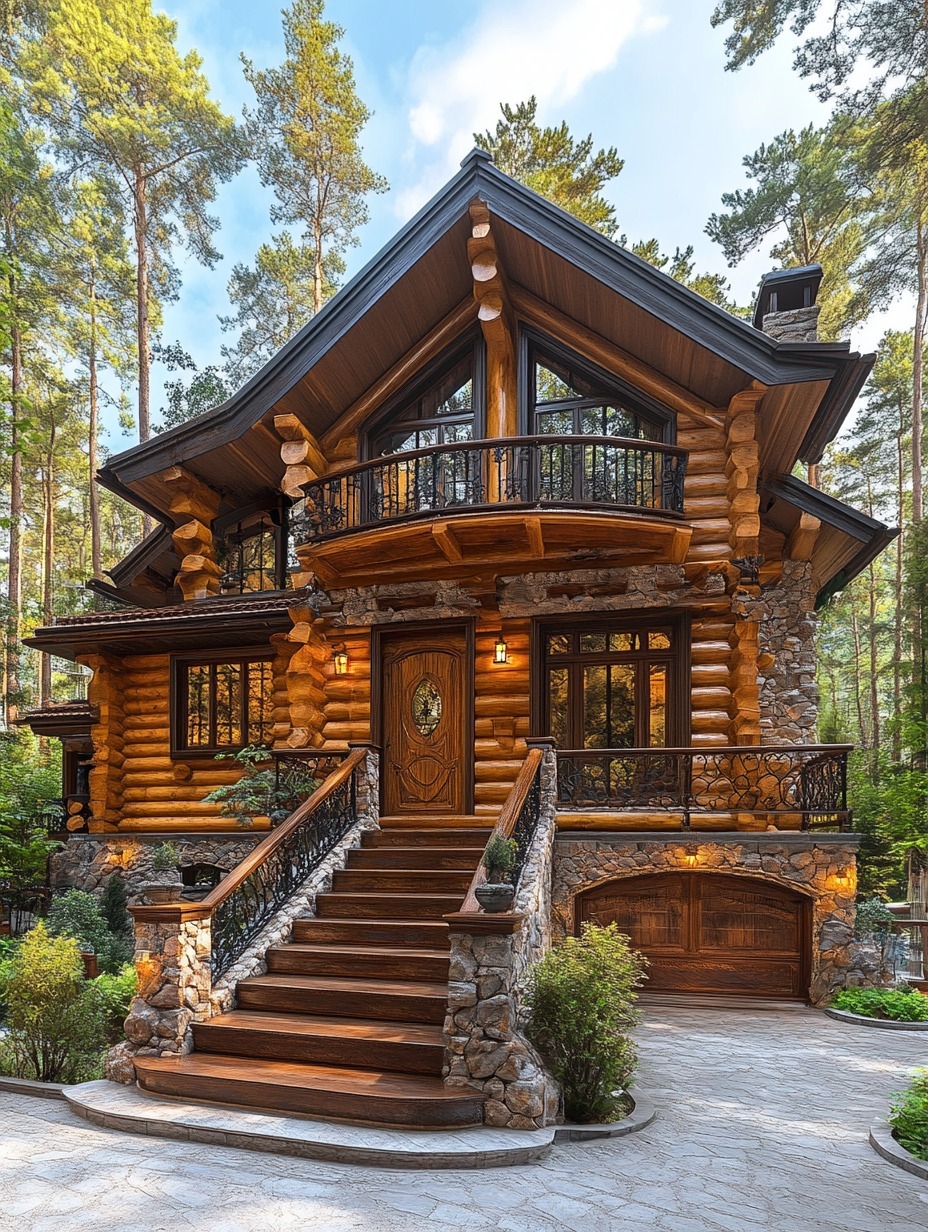 Wooden log cabin house with front stairs, balcony, and garage surrounded by tall trees