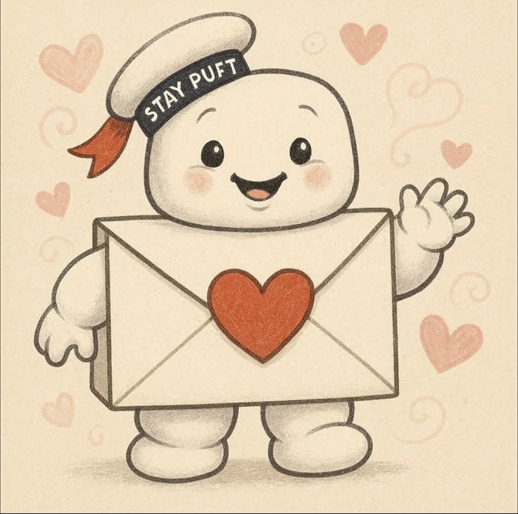 Cute cartoon marshmallow holding a heart envelope with pink hearts around it